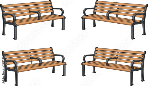 Collection of wooden park benches with metal armrests isolated on light background outdoor urban seating vector illustration for public space
