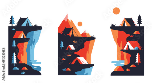Cliff Camp Line art abstract bold color illustration
