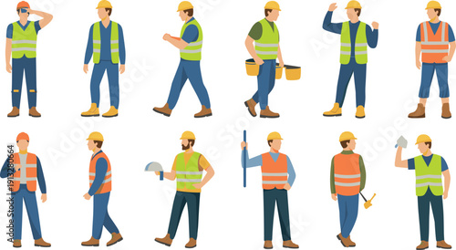 Construction workers character poses vector illustration set showing builders in safety vests helmets working walking holding tools isolated on white background