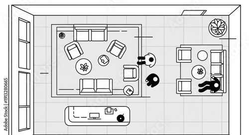 Top down view of a modern living room floor plan layout.