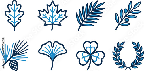 Botanical leaves and branches icon set blue minimalist vector symbols of oak maple palm olive branch forest foliage tree herb
