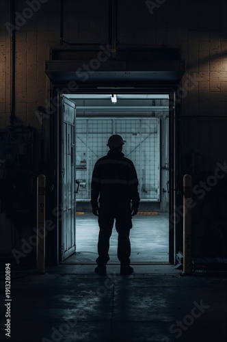 Worker Stands at the Entrance of a Warehouse in Dim Light During Evening Hours