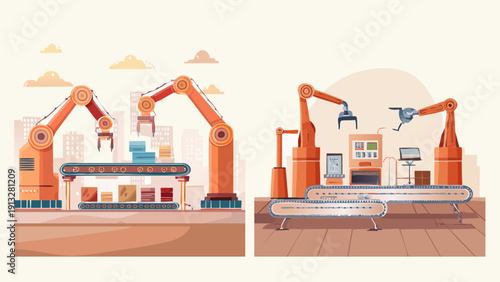 Advanced industrial automation scenes featuring robotic arms and intelligent systems on production lines, symbolizing modern manufacturing and technological innovation in smart factories