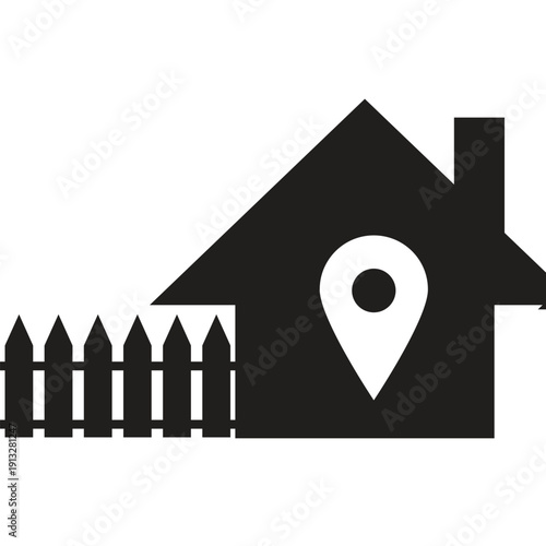 Simple black icon of a house with a fence and location pin