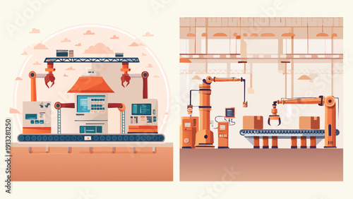 Illustrations of advanced industrial automation featuring robotic arms, assembly lines, and smart manufacturing technology in a modern factory setting, depicting efficient production processes