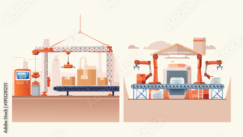 Modern Automated Factory Production Line with Robotic Arms Assembling Goods