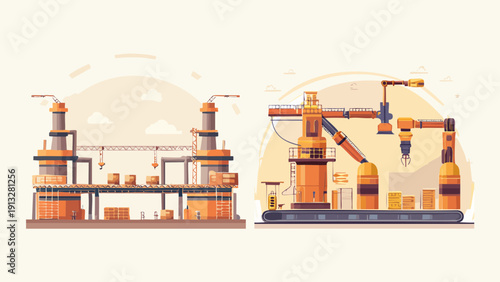 Modern Industrial Manufacturing Process with Automated Production Line and Robotic Cranes in a Smart Factory Setting, Illustrating Efficient Logistics and Assembly for Optimized Production Workflows
