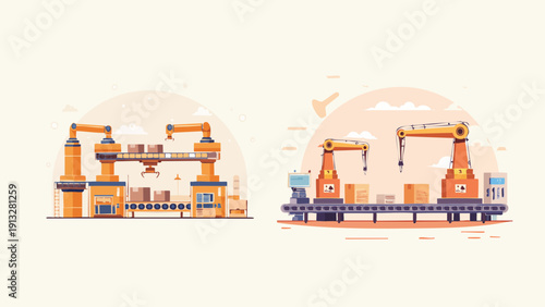 Automated industrial robot arms working on an assembly line in a modern factory setting