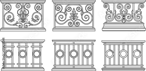 Decorative classic balcony railing collection with ornamental iron balustrades isolated on white background black outline vector illustration set