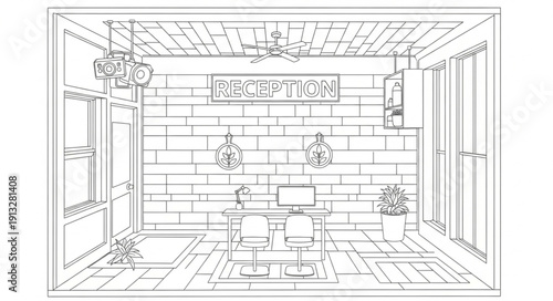 Modern Home Office Design Sketch with Desk and Chairs.