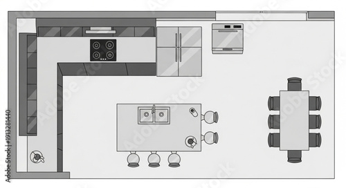 Modern Kitchen Layout Design with Island and Dining Area.