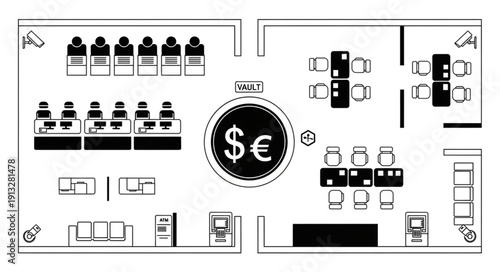 Office floor plan with meeting rooms and workstations.