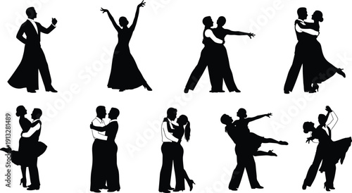 Ballroom dancer silhouette set, professional dancing couples in elegant poses and romantic waltz collection isolated on white background,
