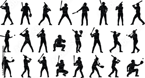 Baseball player silhouette set, professional softball players with bats and gloves collection isolated on white background, sports action,