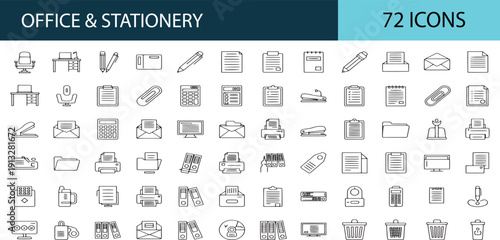 Office and Stationery Icon Set with 72 Line Art Illustrations of Business and Office Supplies