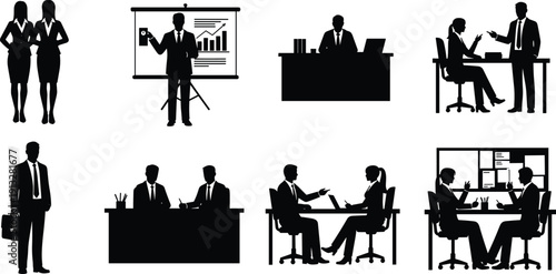 Business people silhouette set, professional corporate office scenes with meetings presentations and desk work isolated on white background,