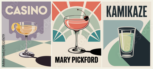 Mid-century modern retro cocktail poster set featuring Casino, Mary Pickford, and Kamikaze drinks. Bold geometric design, vintage bar aesthetic, stylish typography.