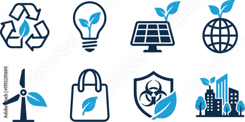 Eco friendly and environmental protection icon set blue technology symbols for recycling green energy sustainability solar wind planet earth