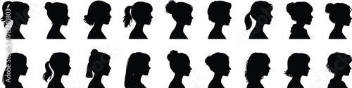 Female head silhouettes in side profile showing different hairstyles, representing women identity, beauty, fashion, diversity, individuality, and modern lifestyle concept