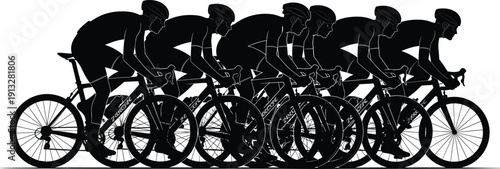 Cycling peloton silhouette, professional road bike racers riding together in a group on a white isolated background,