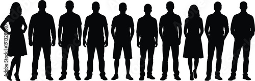 Diverse group of people silhouettes, standing men and women collection in casual outfits isolated on white background,