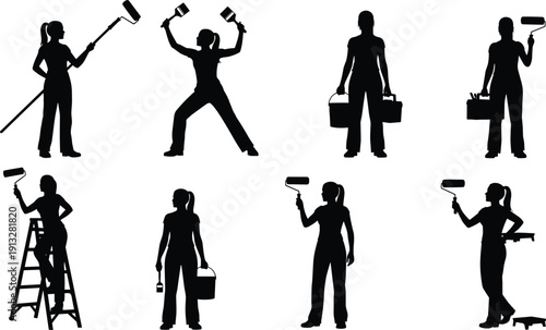 Female painter silhouette set, woman house decorator with paint rollers and brushes working isolated on white background collection,