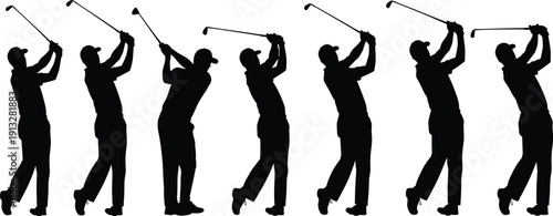 Golf player silhouette set, professional golfer performing full swing sequence with club isolated on white background collection,