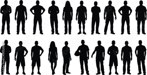 Diverse people silhouette set, standing men and women collection in casual outfits isolated on white background for stock,