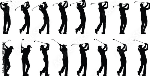 Golf player silhouette set, professional golfer swings with clubs collection isolated on white background, outdoor sports action,