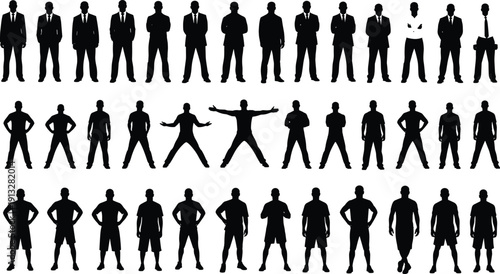 Male silhouette set, men in business suits and casual wear standing in various poses isolated on white background,