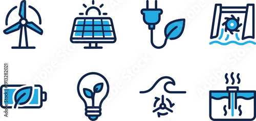 Renewable energy and clean power icon set blue minimalist vector icons for solar panel wind turbine green electricity battery sustainable