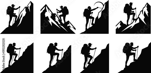 Mountain climber silhouette set, hikers with backpacks and trekking poles climbing rocky peaks isolated on white background, outdoor,