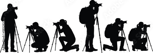 Photographer silhouette set, professional camera operators with tripods and telephoto lenses collection isolated on white background, media press,