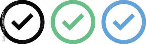 Set of account verification icons with check marks in circle and badge shapes for social media profile security. Blue, black and green tick authenticity symbol isolated on transparent background.