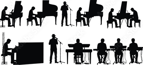 Musician silhouette set, pianist playing grand piano and singers with microphone collection isolated on white background for stock,