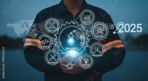 Industry 4.0 Future Vision: Engineer Demonstrating Technological Innovation with Digital Overlays and Data Projections for 2025