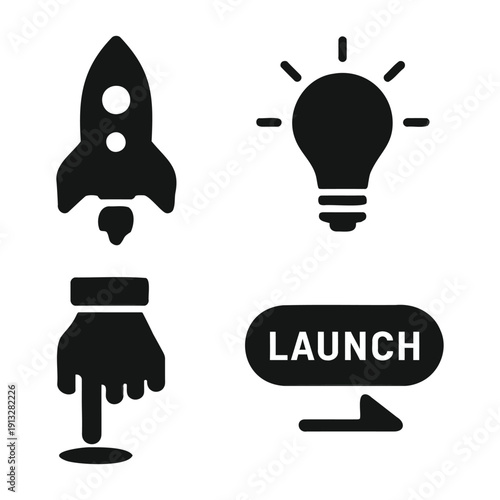 Innovation launch with a rocket, lightbulb, and hand pushing a button.