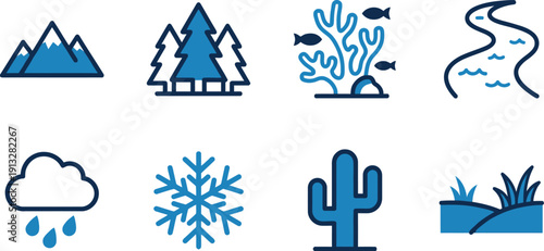 Natural habitats and ecology icon set blue minimalist vector symbols of forest mountains coral reef ocean waves landscape climate