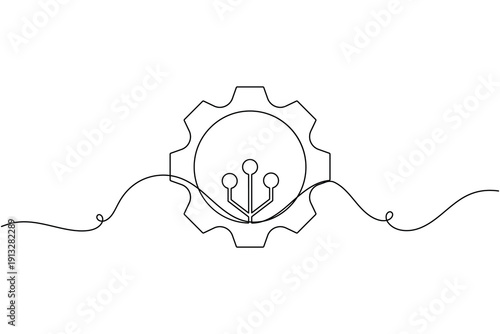 Data processing gear network icon continuous one line drawing on white background minimalist automation data nodes symbol outline vector illustration