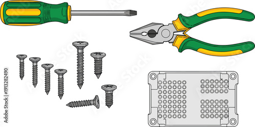 Hand Tools and Hardware Set Including Screwdriver, Pliers, Screws and Electrical Junction Box Isolated on White Background