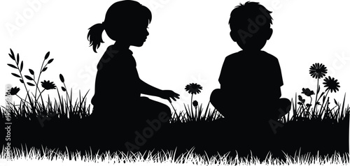 Children silhouette sitting on grass, ponytail girl reaching, cross‑legged child, wildflower dandelion scene, friendship innocence outdoor play illustration showcase
