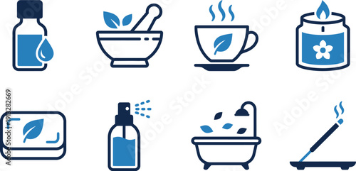Herbal wellness and essential oils icon set blue dual tone vector elements for organic soap tea spa therapy massage relaxation
