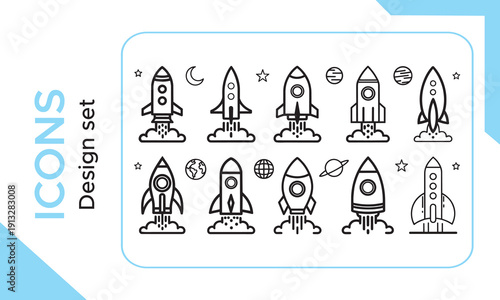 Rocket icon set. Launch rocket icons in line style. Editable web icons startup. Vector illustration.
Rocket Ship Line Icon Set. Space Exploration, Innovation, And Startup Launch Outline Symbol Collect