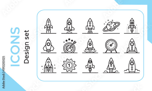 Rocket icon set. Launch rocket icons in line style. Editable web icons startup. Vector illustration.
Rocket Ship Line Icon Set. Space Exploration, Innovation, And Startup Launch Outline Symbol Collect