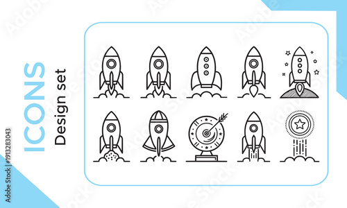 Rocket icon set. Launch rocket icons in line style. Editable web icons startup. Vector illustration.
Rocket Ship Line Icon Set. Space Exploration, Innovation, And Startup Launch Outline Symbol Collect