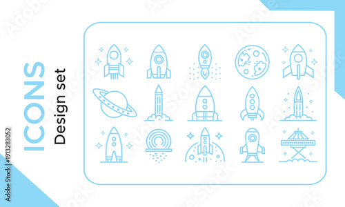 Rocket icon set. Launch rocket icons in line style. Editable web icons startup. Vector illustration.
Rocket Ship Line Icon Set. Space Exploration, Innovation, And Startup Launch Outline Symbol Collect