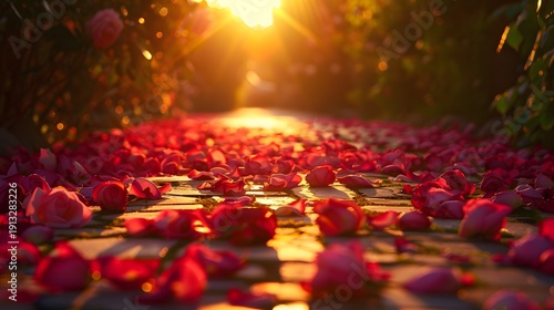 Wallpaper Mural Romantic Rose Petals Scattered on Forest Path at Golden Sunset Torontodigital.ca