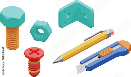 Isometric Hardware and Stationery Tools Set with Screws, Bolt, Nut, Pencil and Utility Knife Isolated on White Background
