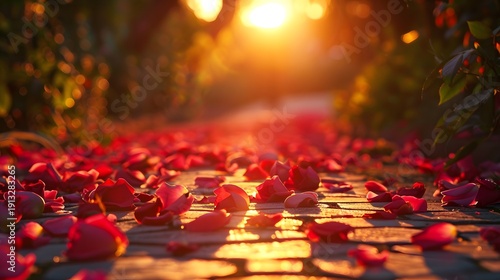 Wallpaper Mural Romantic Rose Petals Scattered on Forest Path at Golden Sunset Torontodigital.ca