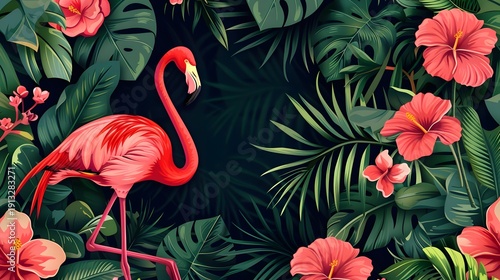 Wallpaper Mural Tropical flamingo illustration in lush jungle with hibiscus flowers and exotic foliage background Torontodigital.ca